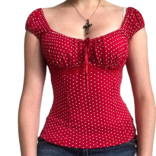 Women Fairy Grunge Shirt Summer Cap Sleeve Lace Up Polka Dot Milkmaid Tops Vinatge E-Girls Aesthetic Clothes (Red, M)