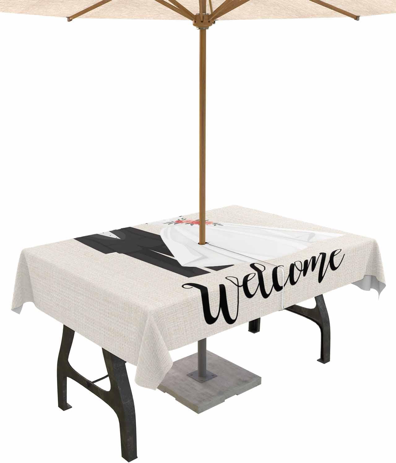 Weddings Clothing Rectangular Outdoor Tablecloth, Welcome Marriage Beige Linen Texture Waterproof Table Cloth with Umbrella Hole and Zipper, Stain Proof Table Cover for Picnic Party, 60"x84"