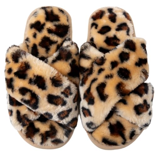 Image of Women's Cross Band Fuzzy Slippers Fluffy Open Toe House Slippers