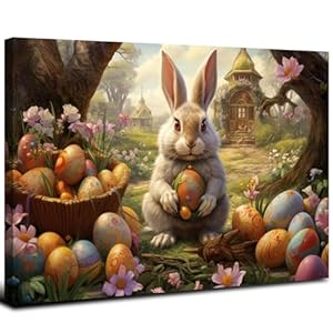 Vintage Easter Wall Art for Living Room Cartoon Bunny Painting Picture Fairy Tale Garden Landscape Farmhouse Religion Wall Decor Artwork for Kids Girls Bedroom Bathroom Kitchen Home Decorations 12×16