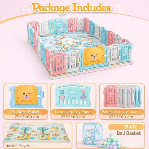 Image of Hukimoyo Large Baby Playpen 18 Panels /36 Sq Ft Play Area Indoor Setup with Mat ,balls | Play Yard for Babies 0-3 Years with Padded Boundary |Indoor Outdoor Toddler , infant fence Activity Center with Safety Door Lock & Suction Cups (6 * 6 FT)