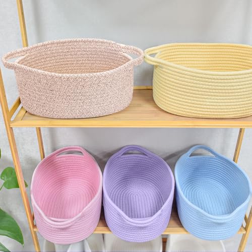 Image of ABenkle Small Basket with Handles, Boho Decorative Rope Woven Dog Cat Toy Storage Bin Shelf Storage Organizer, Easter Christmas Gift Basket, 12 inchx8 inchx5 inch
