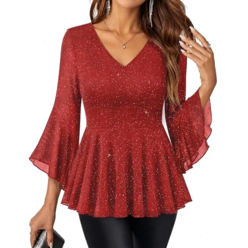 Wedtrend Women's Sparkly Dressy Top 3/4 Sleeve V Neck Evening Blouses Shirt