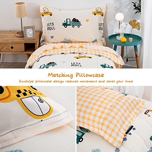 Drucon Cartoon Truck Toddler Comforter Set 4Pcs Cotton Bedding Soft Reversible Bedding Set For All Season (1 Comforter,1 Flat Sheet, 1 Fitted Sheet And 1 Pillowcase) #TOP5