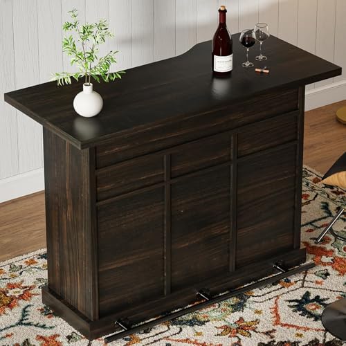 Farmhouse Home Bar Unit with 4-Tier Storage, 52 Inch Home Bar Table with 3 Drawers and 9 Wine Racks, Wine and Liquor Cabinet with Barn Door and Footrest, Indoor Bars for Home (Dark Oak)