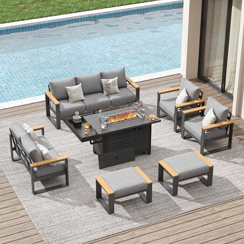 Image of Sundale Outdoor Aluminum Patio Furniture Set, 7 Piece Outdoor Conversation Sets with Fire Pit, Ottoman and Washable Thick Cushions, All Weather Outdoor Sectional Set for Deck, Lawn, Yard (Grey)