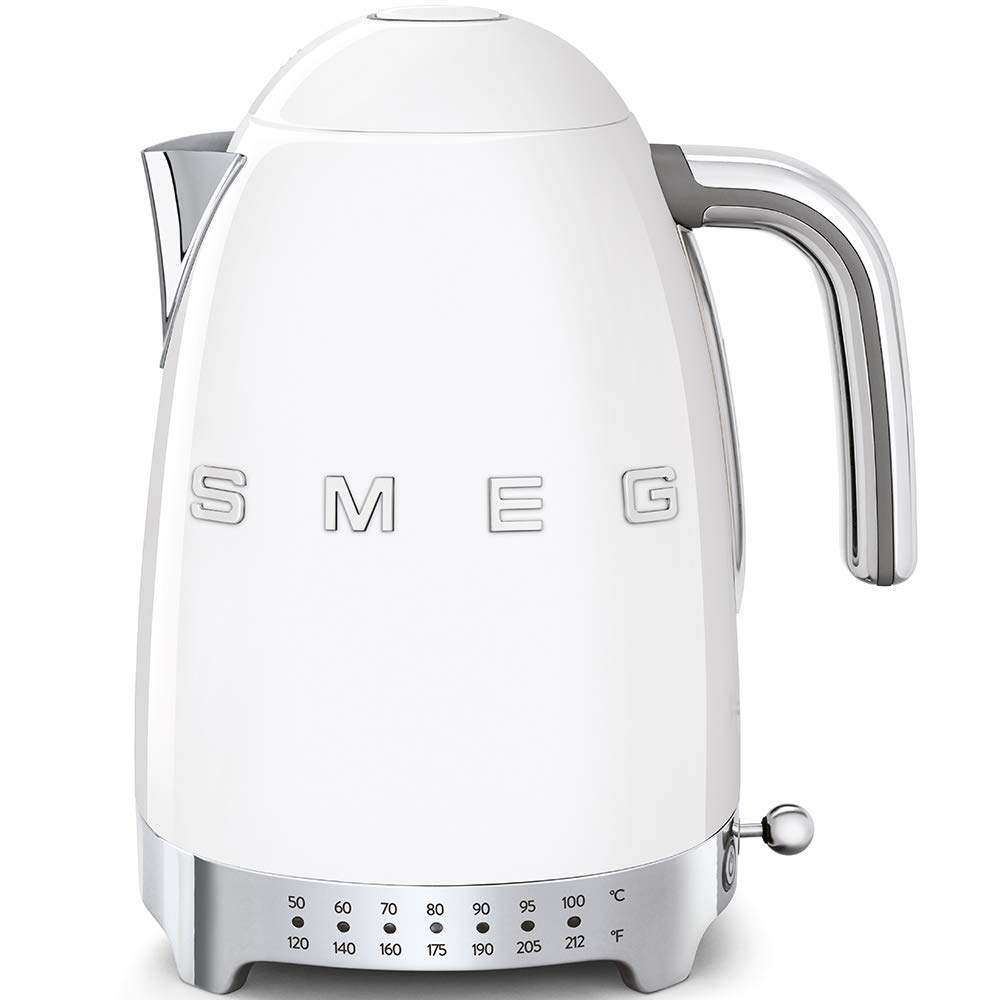 SMEG 7-Cup Variable Temperature Electric Kettle - Retro Style Aesthetic with Advanced Technology - Stainless Steel, 1400W, 120V, 360° Swivel Base, Keep Warm Function (White)