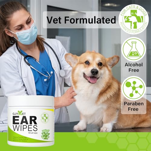 GJYC PET Dog Ear Wipes - Cat Dog Ear Cleaner, Puppy Ear Wipes Wash Cleaner for Dogs Cats - 100 Wipes for Dog Cat Ear Cleaning, Remove Ear Wax Dirt Debris for Dogs Cats Ear Infection Treatment Wipes