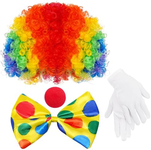 Clown Costume Rainbow Wig Red Nose Bow Tie Gloves for Men Women Adult Party