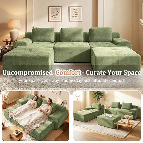 Image of 122 inch U-Shaped Modular Sectional Sofa, Oversized Boneless Cloud Couch for Living Room with Extra Deep Seat & High Back, Tool-Free No Assembly, Soft Chenille (Olive Green, 122 inch-U Shaped（3+2）)