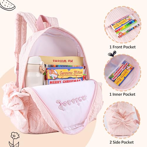 Image of 15inch Daycare Backpack Personalized Large Backpack with Name | Cute Punch Backpack for Age 4-6,Lightweight Quilted Fabric,Water Bottle Pockets with Bow,Custom Baby Gift,Embroidered Name