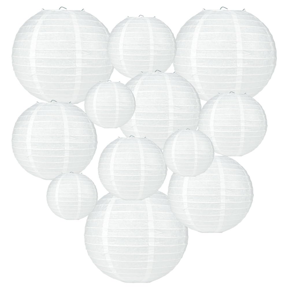 Vilanca 12Pcs Chinese Japanese White Round Hanging Paper Lanterns Assorted Size 6'' 8'' 10'' 12'' Wedding Party Decorations for Wedding Graduation Baby Shower Birthday Party Supplies