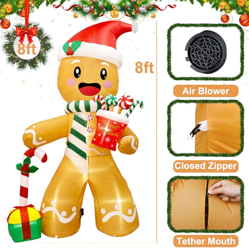 Fayavoo Décorations de Noël gonflables de 2,4 m en forme de bonhomme en pain d'épices avec 8 lumières LED, décorations de Noël gonflables pour extérieur, intérieur, pelouse, jardin – Image 3