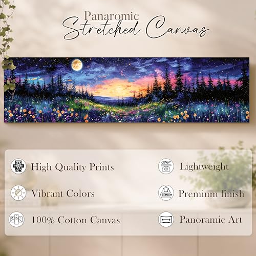 Image of Starry Sky Landscape Stretched Canvas Wall Art Painting for Living Room, Full Moon Mountain Canvas Wall Decor For Livingroom, Bedroom, Office, Hallway's, Hotel 12x46 Inch
