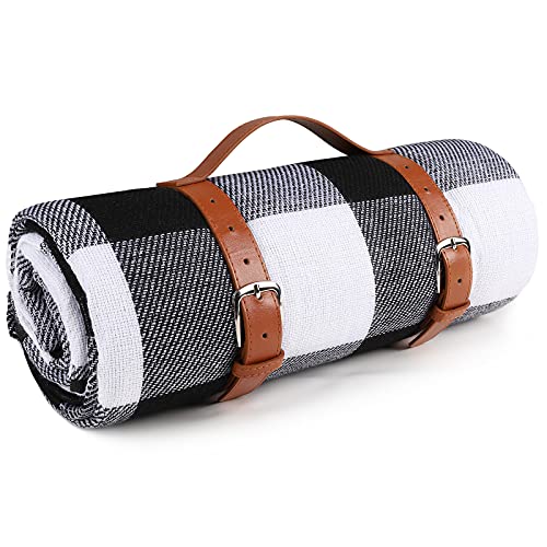 Ben & Bel Water/Sand/Dirt-resistant Picnic Blanket with PU Handle, Outdoor-Ready Black & White Square, 150x200cm XL
