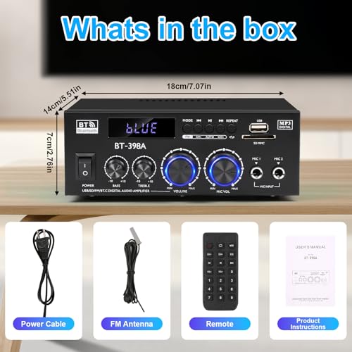 Romicta HiFi Stereo Verstärker, 450Wx2, 2-Kanal Mini Bluetooth Verstärker mit w/UKW-Radio, USB/SD, optischen & koaxialen Eingängen – kompatibel mit Passivlautsprechern & Aktiver Subwoofer