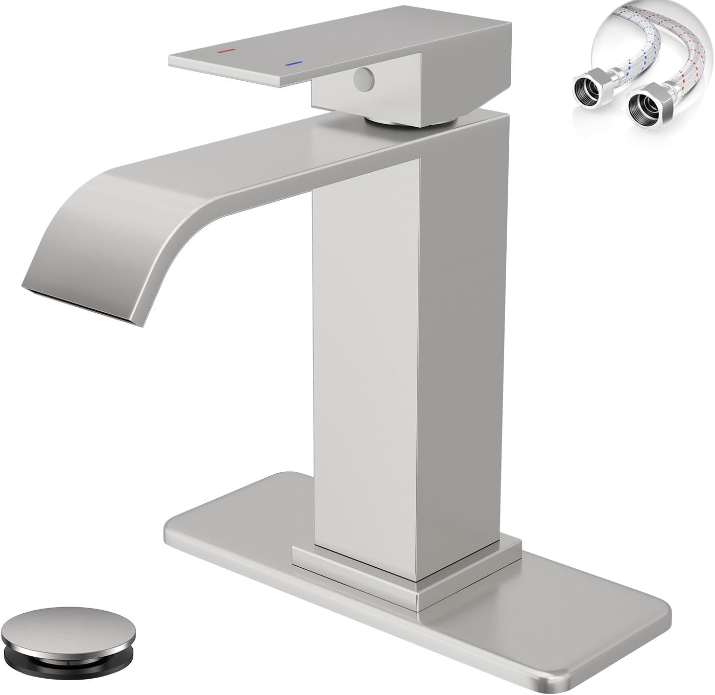 Brushed Nickel Bathroom Faucets, Evolvegoods Modern Waterfall Bathroom Faucet, Single Handle 1 or 3 Hole Bathroom Sink Faucet, RV Mixer Tap Vanity Faucet with Deck Plate, Pop-up Drain and Supply