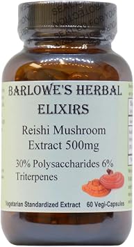 Barlowes Herbal Elixirs Reishi Mushroom Extract Supplement | Red Reishi | Ganoderma Lucidum |30% Polysaccharides| 6% Triterpenes | 500mg | 60 Veggie Capsules