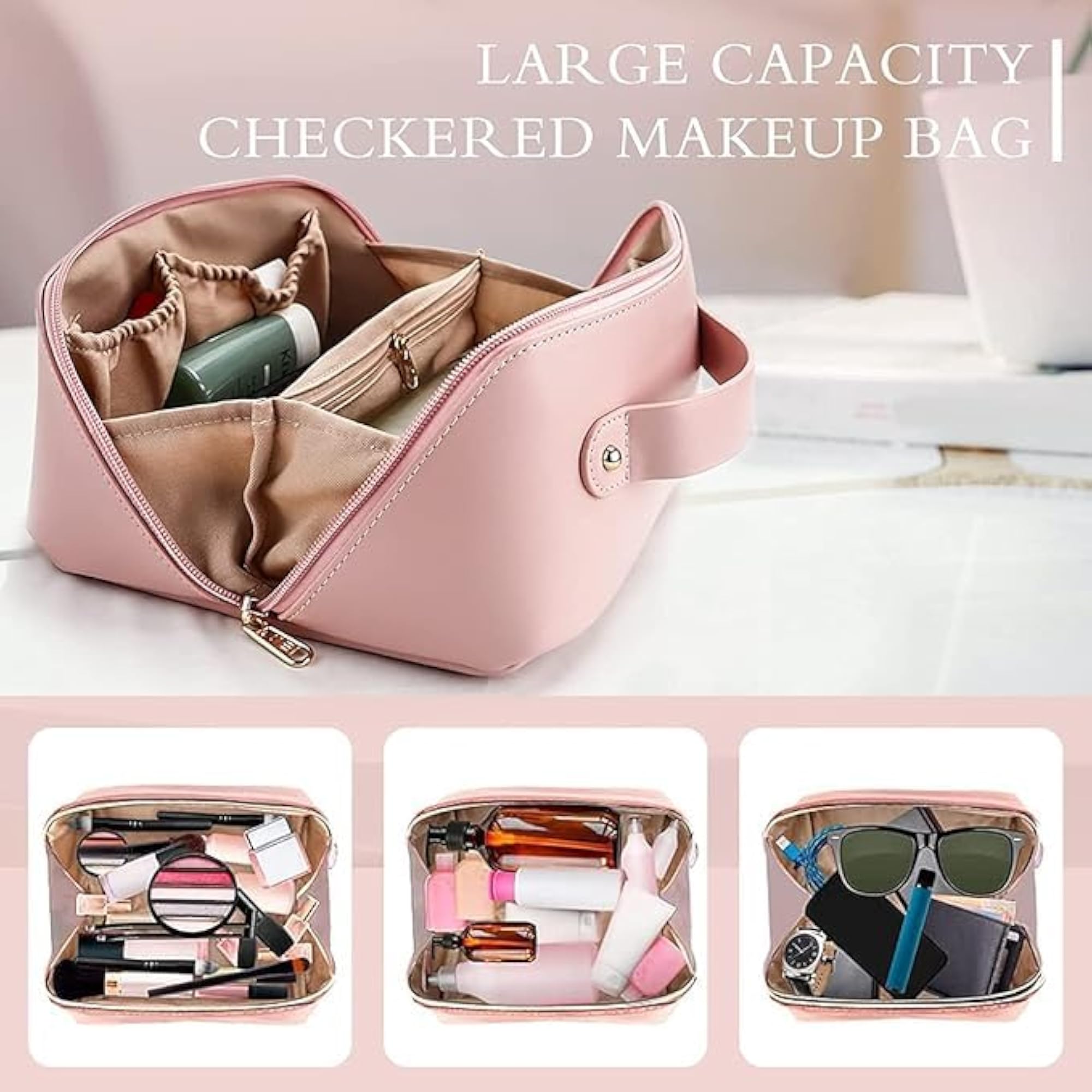Portable Leather Makeup Bag, Wide Opening Organizer