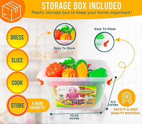 FUNERICA Toddler Kitchen Accessories Playset with Cutting Food Vegetables and Stainless-Steel Play Pots - Pretend Kids Cooking Utensils - Apron & Chef Hat - Toy Knife & Cutting Board for Girls & Boys