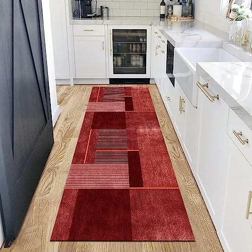 Tapis de couloir lavable 70x400 cm rouge orange en polyester résistant - 6