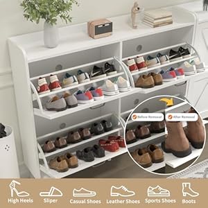 Shoe Cabinet with 4 Flip Drawers Entryway Shoe Storage Cabinet Slim Freestanding Farmhouse Shoe Organizer Cabinet for Entryway Narrow Shoe Cabinet with Wooden Legs White