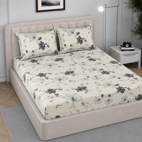 Image of 380 TC Premium Glace Cotton Elastic Fitted Bedsheet King Size with 2 Pillow Covers King Size | Double Bed with All Around Elastic (WhiteBOSS, Fitted Queen-60x78)