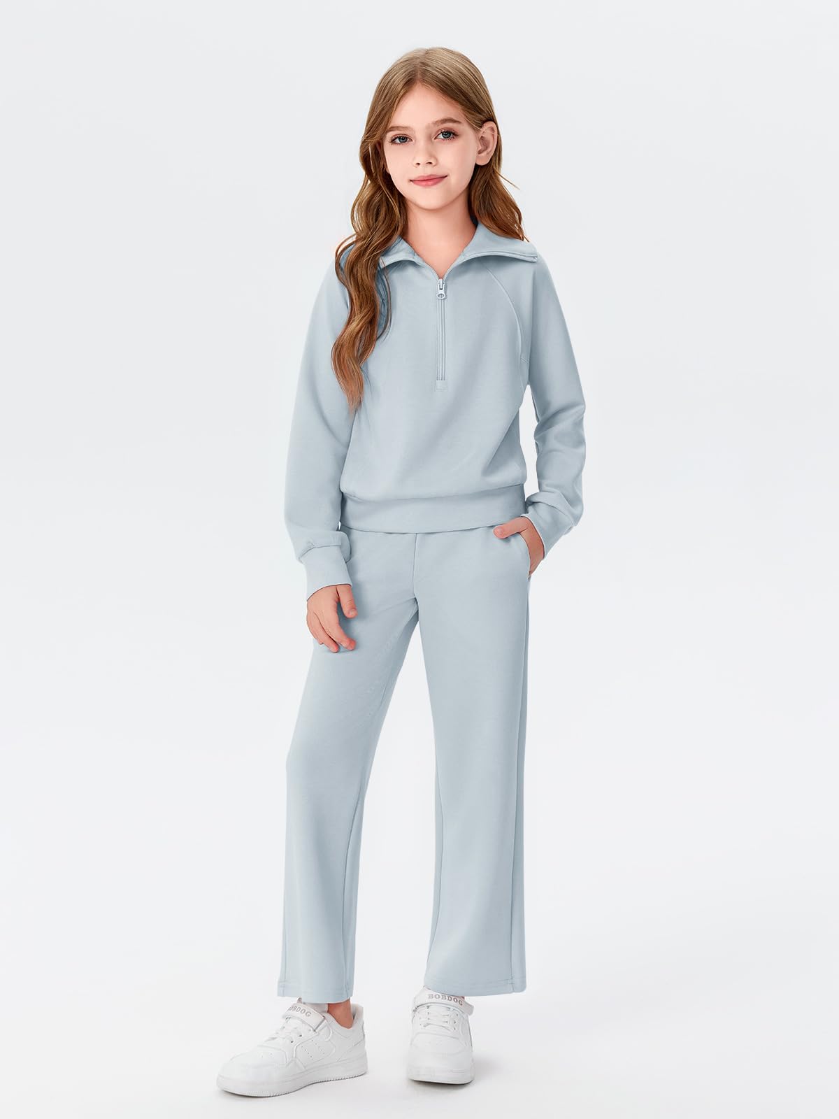 Haloumoning 2-teiliges Mädchen-Outfits, Sweatanzug, halber Reißverschluss, langärmelig, Sweatpants, Trainingsanzug-Set, 5–14 Jahre | Halber Reißverschluss, Taillen-Kordelzug, Mädchen-Trainingsanzug