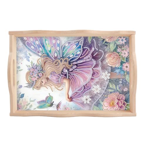 Image of AiYuanzsh DIY Diamond Art Tray Kits for Adults, Butterfly Fairy | Handmade Wooden Tray with Handle, Mosaic Making Kits by Number, Diamond Painting Plate, Creative Design