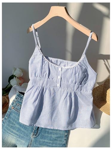 Women's Striped Button Front Flared Camisole Tops Shirred Spaghetti Strap Tank Top3