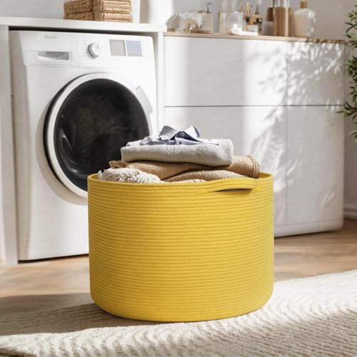 Image of MEGASKET Extra Large 115L Yellow Basket, 23.6 inch x15.7 Cotton Rope Yellow Decor for Living Room Bedroom, Woven Basket for Blanket, Laundry, Towel, Shoe, Kids Toy Box Organizer, Room Decor Storage Bin