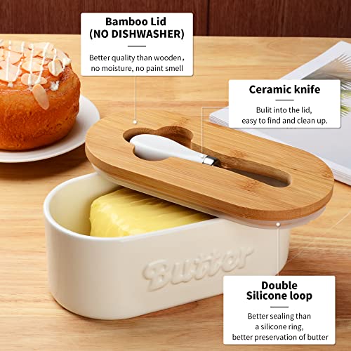 Butter Dish, Ceramic Butter Dish With Lid And Knife, White Butter Dish With Cover For Countertop, Double Silicone Seal Airtight Butter Keeper Container With Covers, Embossment Butter Crock #TOP2