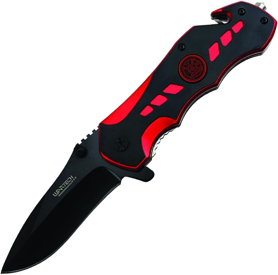 Fire Fighter Spring Assisted Rescue Knife, Red/Black - YC-S-7007-RD