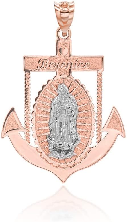 Personalized Name 14K Two-Tone Rose Gold 1-1/2" Our Lady of Guadalupe Miraculous Immaculate Conception Anchor Pendant Necklace - Choice of Pendant Only or Chain Length