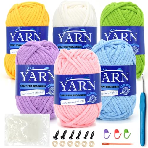 Image of 6 Pack Beginners Crochet Yarn Pink Yellow Blue Purple Green Cotton Easy Yarn for Crocheting and Knitting Beginners Crochet Kit-Pastel Series