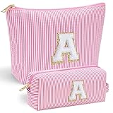 YOOLIFE Personalized Initial Makeup Bag for Women | Pink Cosmetic Travel Toiletry Bag | 11 12 13 14 15 16 Years Old Girl Gifts | Preppy Stuff Teen Girl Gift Trendy Stuff A