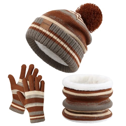 Image of Kids Winter Hat Gloves Scarf Set: Girls Boys Beanie Fleece Lined Ages 6-10
