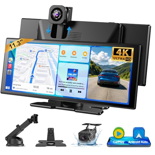 ESSGOO CarPlay Voiture, Supporte CarPlay sans Fil et Android Auto, Écran Tactile IPS 11,3 Pouces, Caméra Avant 4K et Caméra de Recul 1080P, Bluetooth 5.3,...