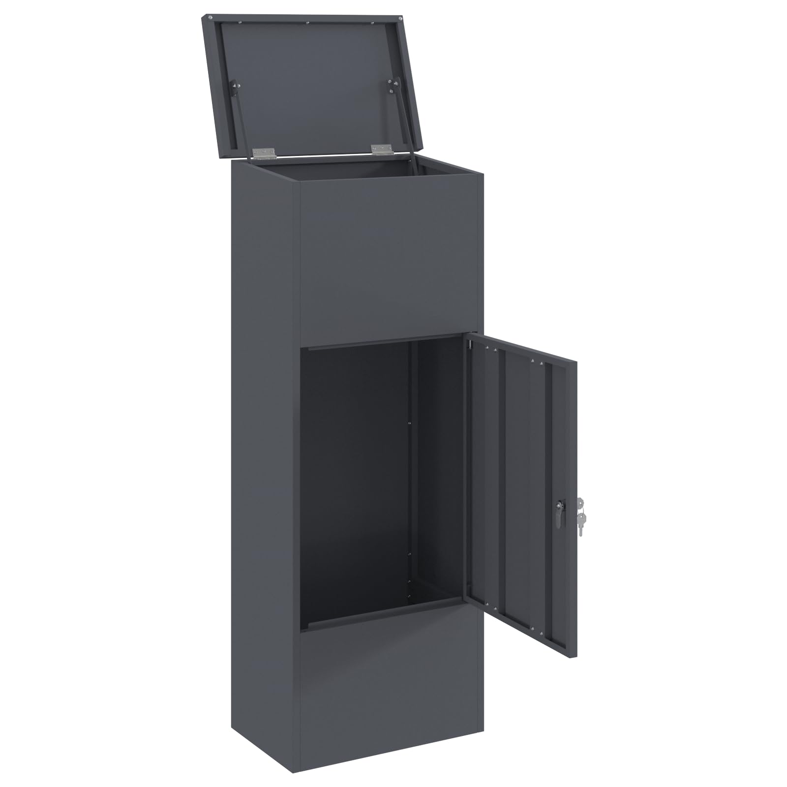 Skrzynka na listy ze stali antracytowej 44,5 x 29 x 110,5 cm z zamkiem, zamykana i przestronna, nowoczesna stojąca skrzynka na listy do użytku na zewnątrz i do odbioru poczty, odporna na