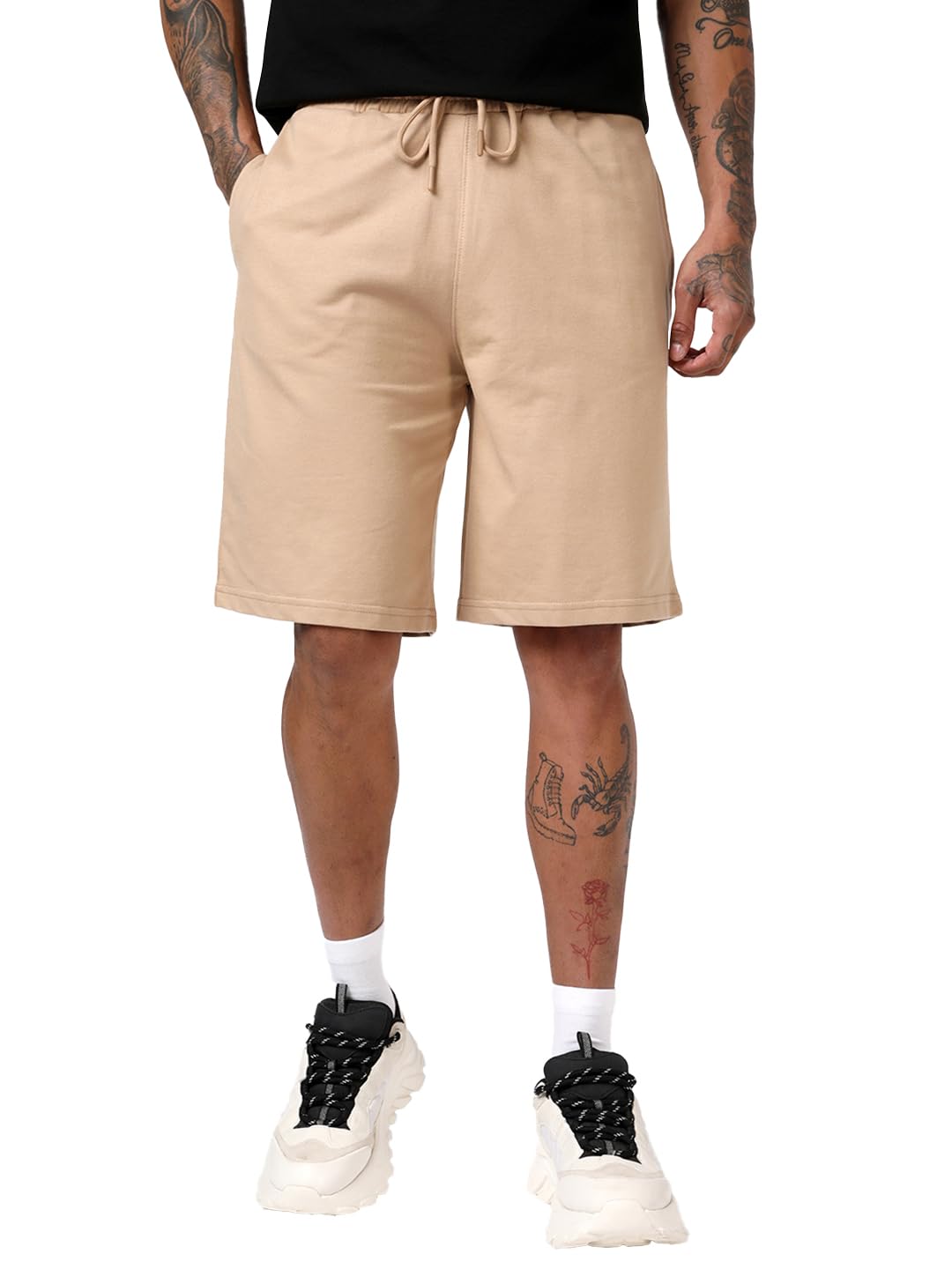 Bewakoof Men's Solid Oversized Fit Cotton Poly Shorts_1500683_Brown_XL