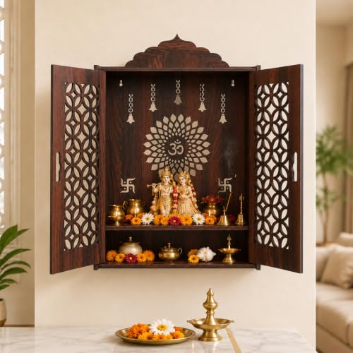 Image of The Castle Decor Wooden Mandir for Home, Premium MDF Home Temple with Double Doors for Pooja Room, Wall Hanging & Tabletop Temple, Matte Finish, 16.5 x 24.5 x 10.5 Inch (Design 6)