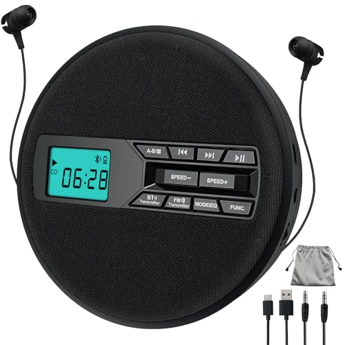 Lecteur CD Portable Rechargeable Portable avec Haut-parleurs Doubles et antidérapants, CD, Double Bluetooth, Transmission FM, USB, AUX, écran LCD, Bouton rétroéclairé, répétition