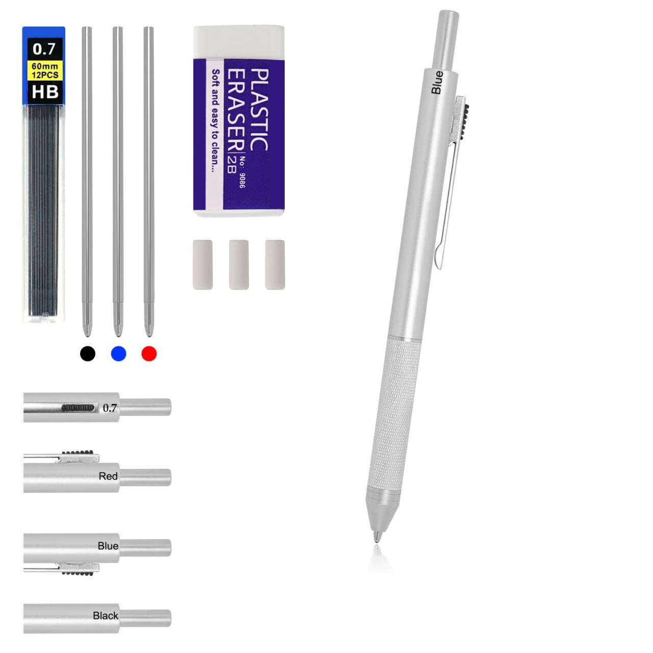 RANBOS 4 in 1 Multi Function Refillable and Retractable Multi Color Pen,Black Red Blue Ballpoint Pen and 0.7mm Multicolor Pencil, Multicolor Pen Gift