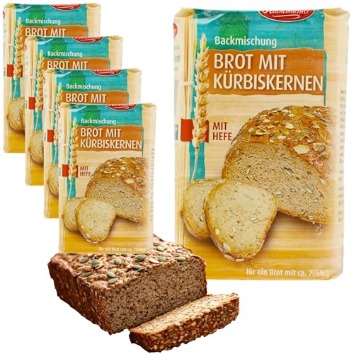 Weizenmischbrot mit Kürbiskernen, Brotbackmischung von Frießinger Mühle, 5x500g, für den Backofen, Holzofen oder Brotbackautomaten.