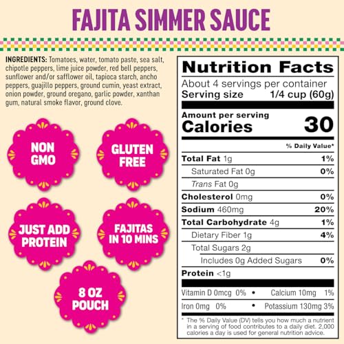 Image of Somos Fajita Simmer Sauce, Mild, Gluten Free & Non-GMO, 8 Ounce (Pack of 6)