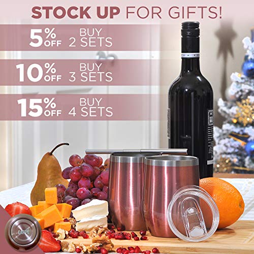 Carpe 12 Oz Stemless Insulated Wine Glass Tumbler With Sliding Lid And Straw, Spill Proof Stainless Steel Double-Wall Wine Tumbler Cups For Champaign, Cocktail, Coffee, Drinks, Set Of 2 (Rose Gold) #TOP3