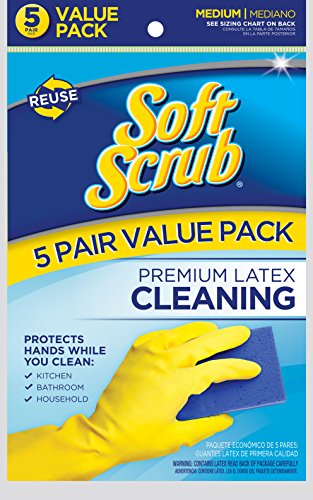 Soft Scrub 5 Pair Premium Latex Cleaning Gloves, Medium, Yellow
