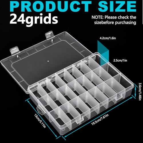 Image of 2 Pack 24 Grids Plastic Storage Box Clear Organizing Containers with Adjustable Dividers for Beads, Crafts, Art DIY, Jewelry, Screws, Pins, Thread, Fishing Gear, Small Items
