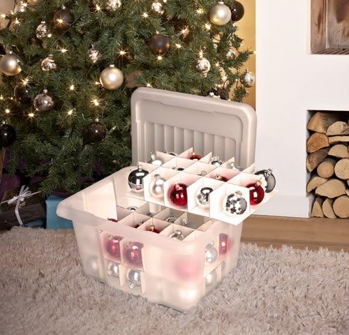 Sunware Nesta Christmas Box, 24 Litres + Flat Lid + Insert for 45 Christmas Baubles – Clear / Silver