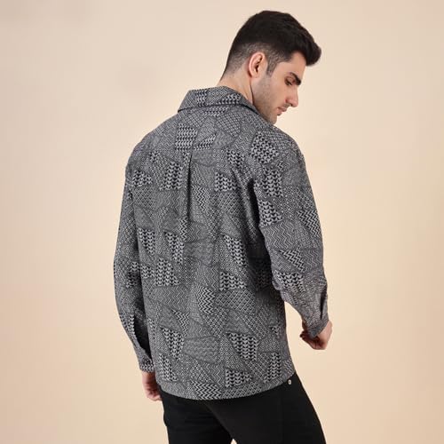 Image of Urban Scottish Men's Oversized Shacket,Cotton Jacquard, Long Sleeve Button Down Collared Shirt, Long Fit, Stylish Casual Outerwear, Jacket for Men - Black & Grey